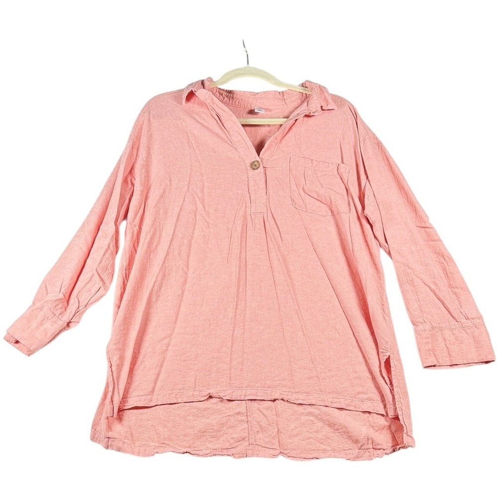 Old Navy Womens XL Pink Linen Blend Henley‎ Tunic Shirt Long Sleeve High Low Hem